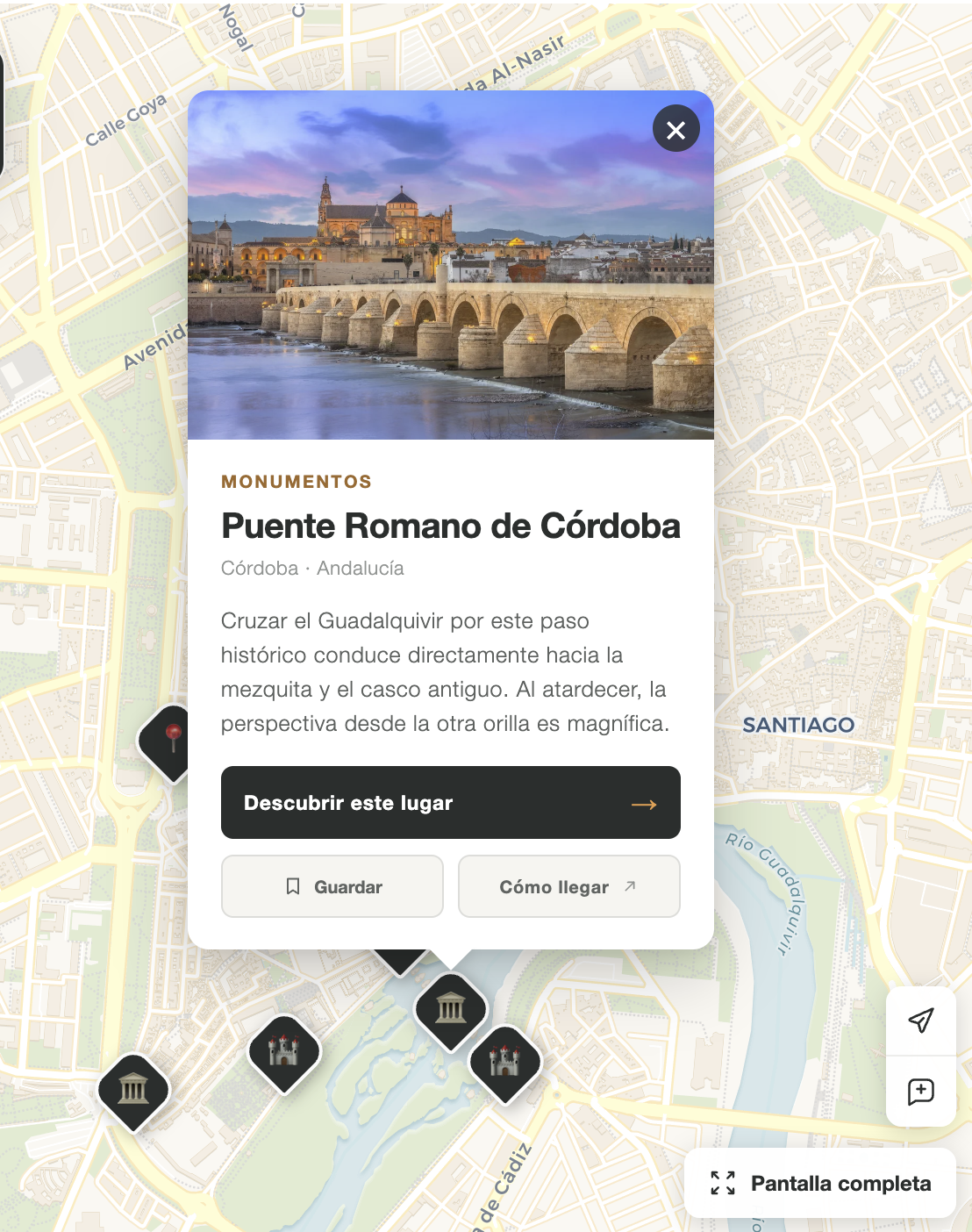 Ficha de un lugar del Mapa Sitios de España con opciones para descubrir, guardar y cómo llegar