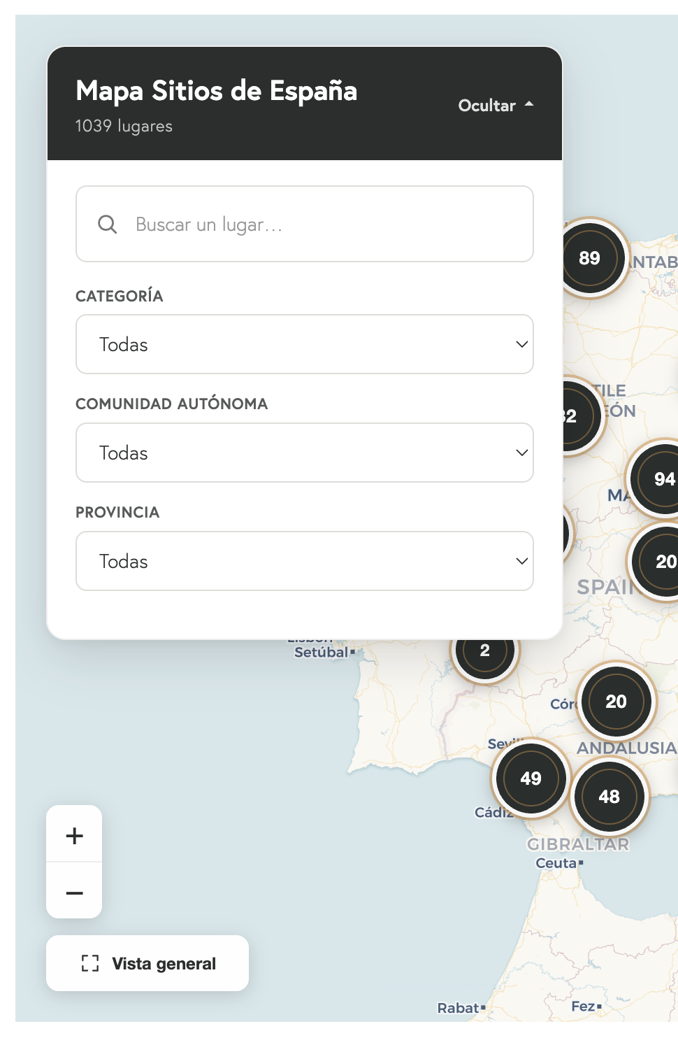 Filtros del Mapa Sitios de España
