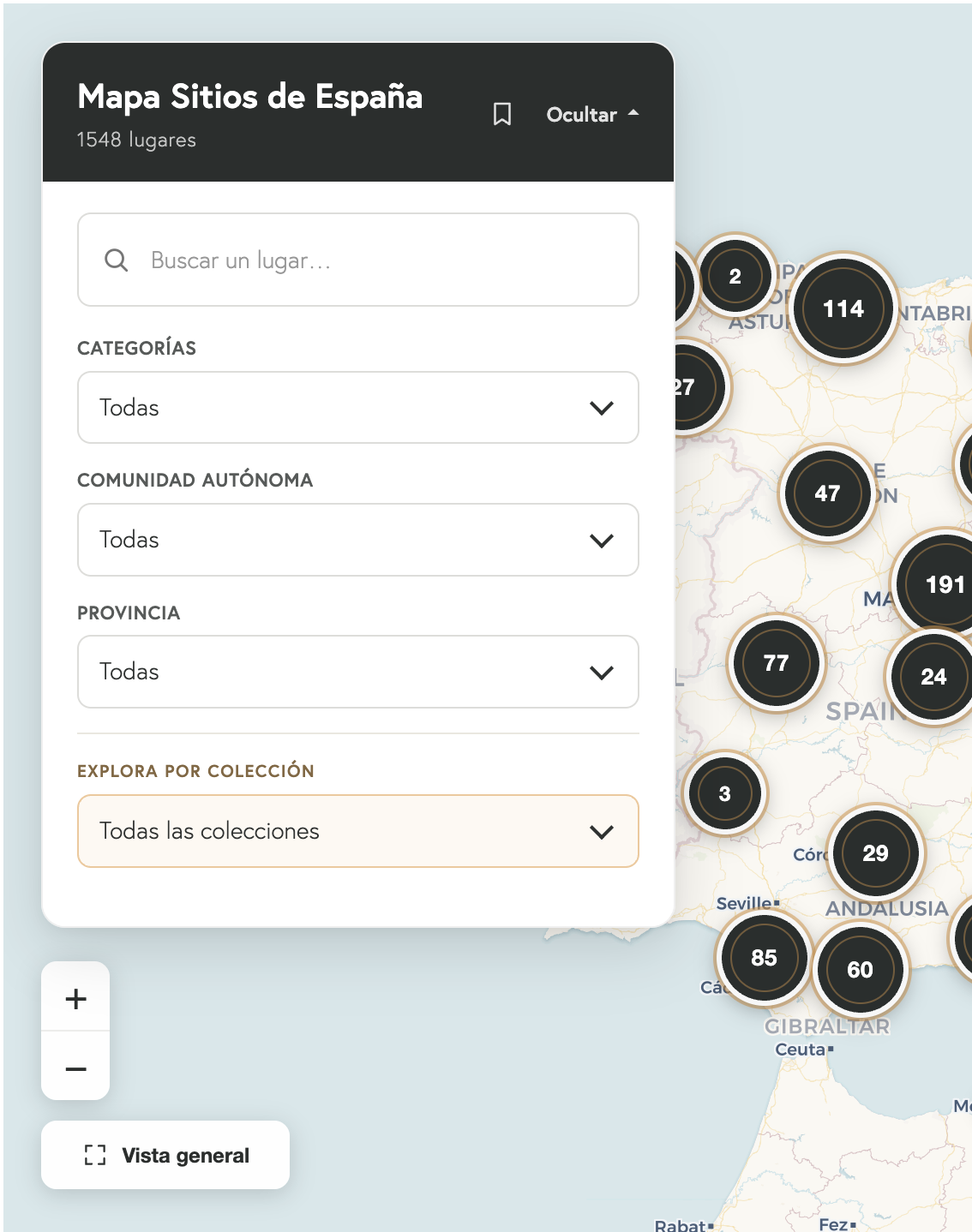 Filtros, búsqueda y Colecciones del Mapa Sitios de España