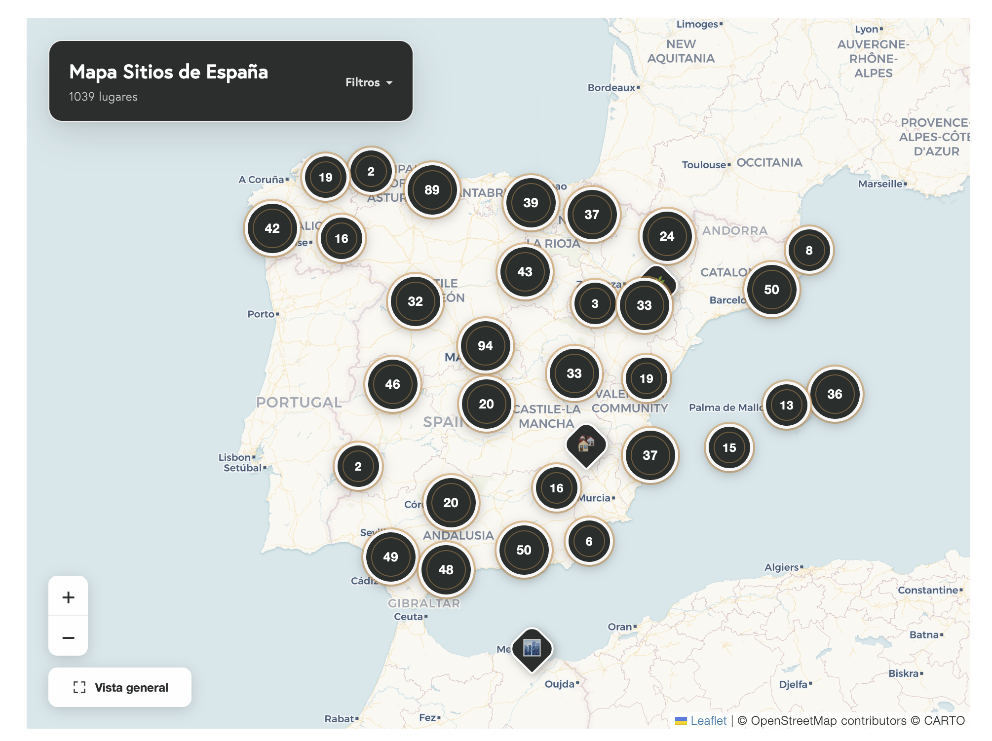 Mapa Sitios de España con más de 1.000 lugares